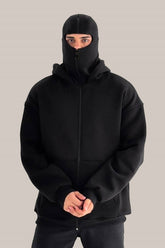 Black Tech Fleece Hoodie with Built-In Mask