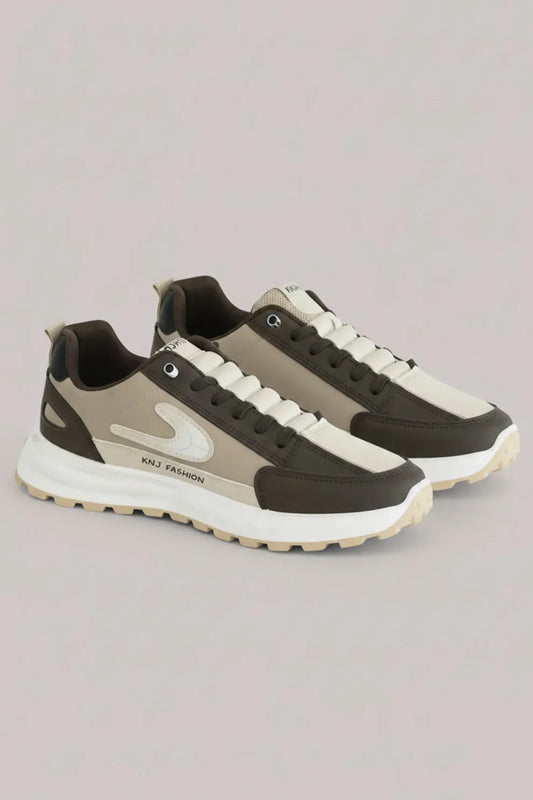 Men's Beige & Black Lace-Up Sneakers – Cushioned Sole Casual Shoes