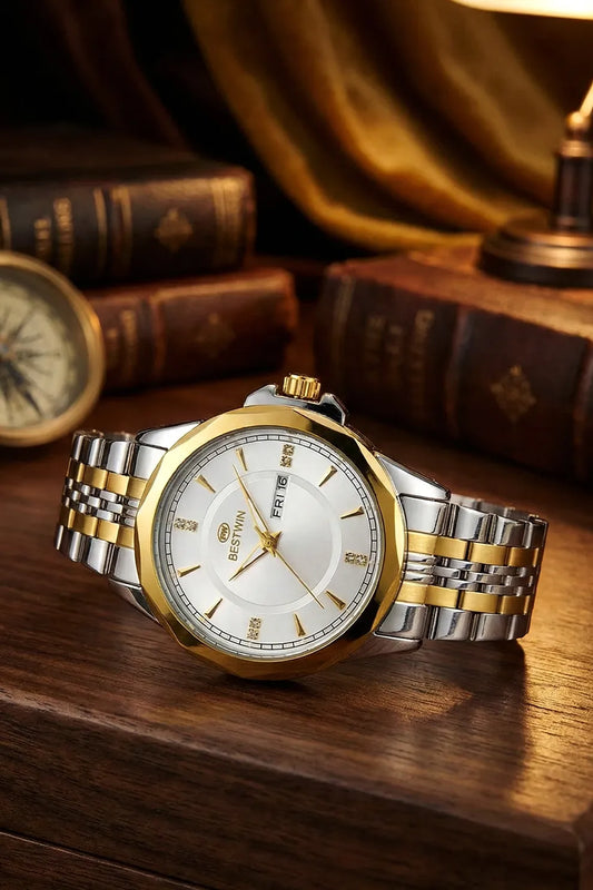 Men’s Two-Tone Stainless Steel Analog Watch – White Dial with Gold Finish