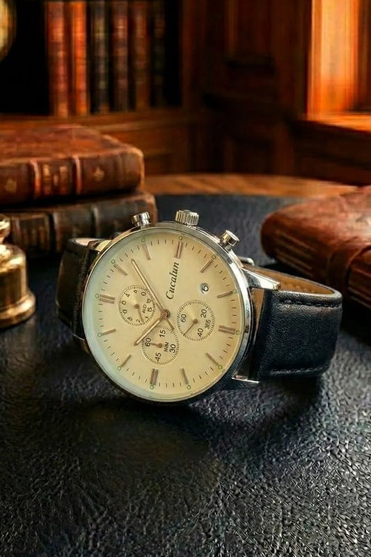 Men’s Classic Chronograph Watch with Cream Dial & Black Leather Strap