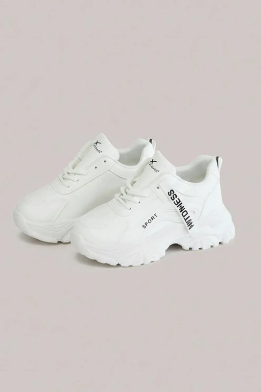 Women's White Chunky Lace-Up Sneakers – Lightweight Comfort Sole