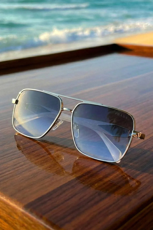 Men’s Square Metal Sunglasses with Gradient Blue Lenses – Modern Coastal Style