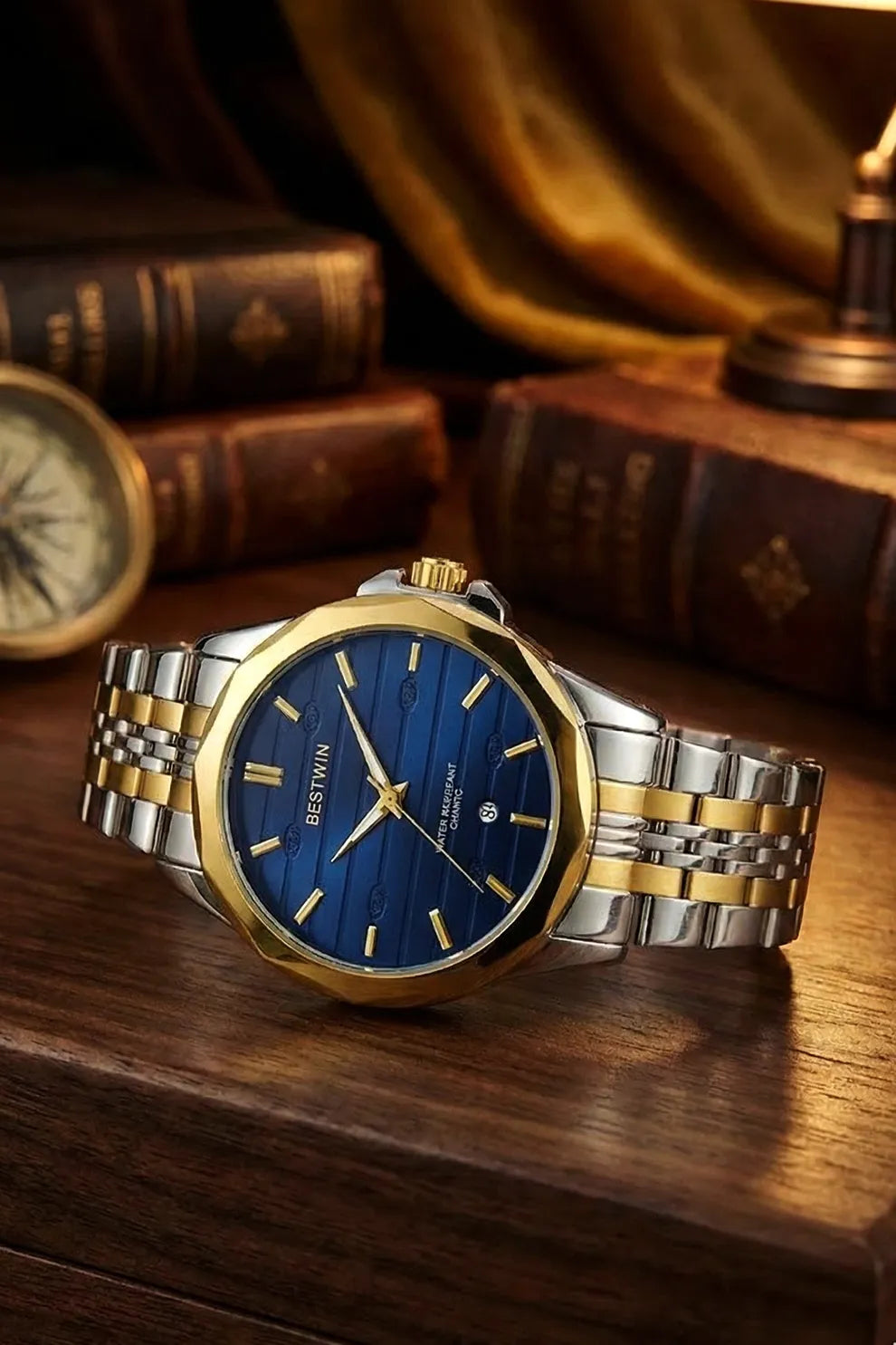Men’s Two-Tone Stainless Steel Analog Watch – Blue Dial & Gold Accents