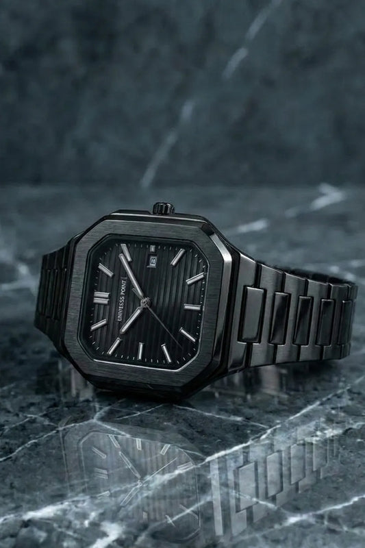 Men’s Square Dial Stainless Steel Watch with Black Dial & Black Metal Bracelet