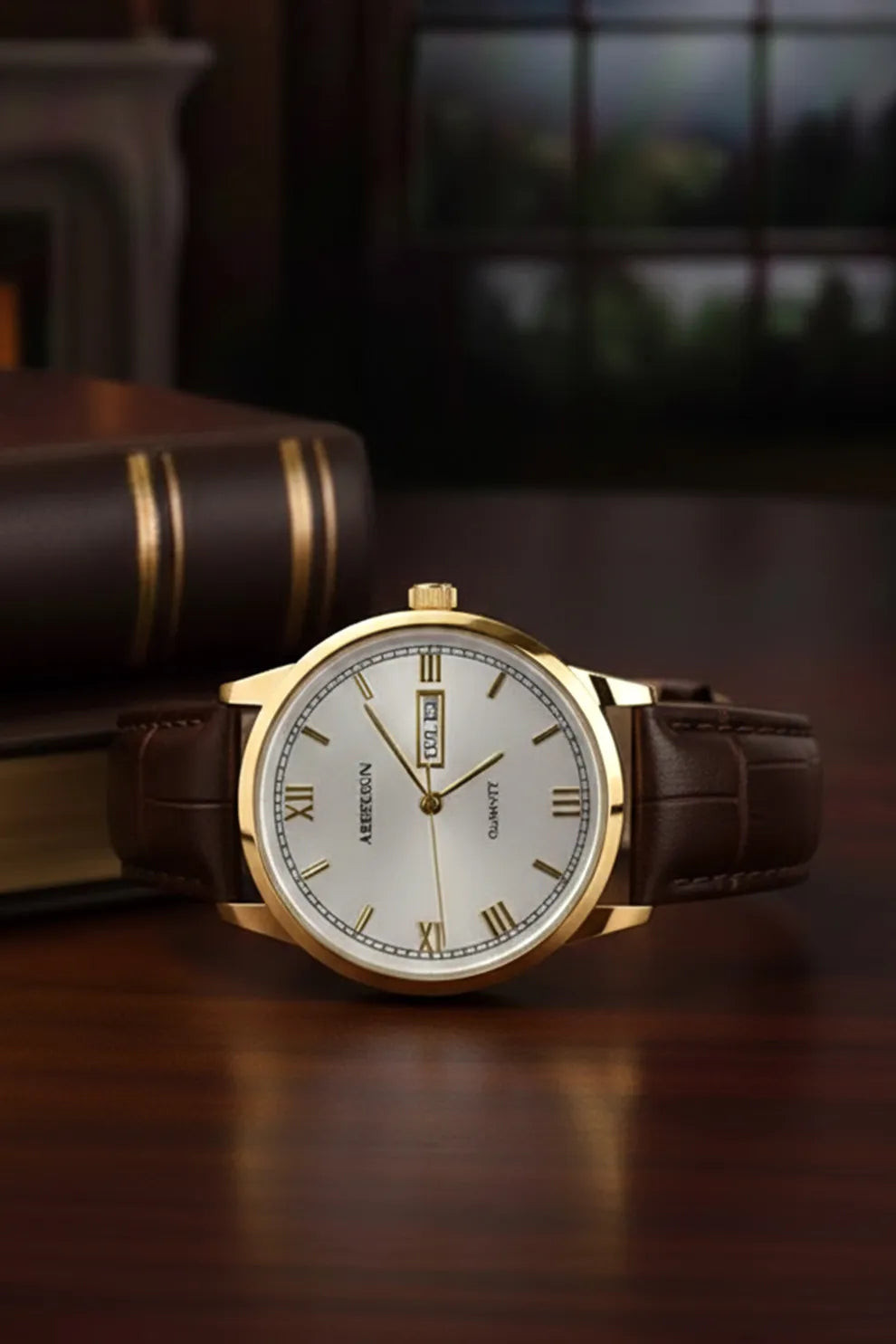 Men’s Classic Watch with White Dial, Gold Bezel & Brown Leather Strap