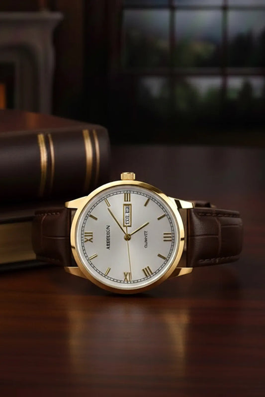 Men’s Classic Watch with White Dial, Gold Bezel & Brown Leather Strap
