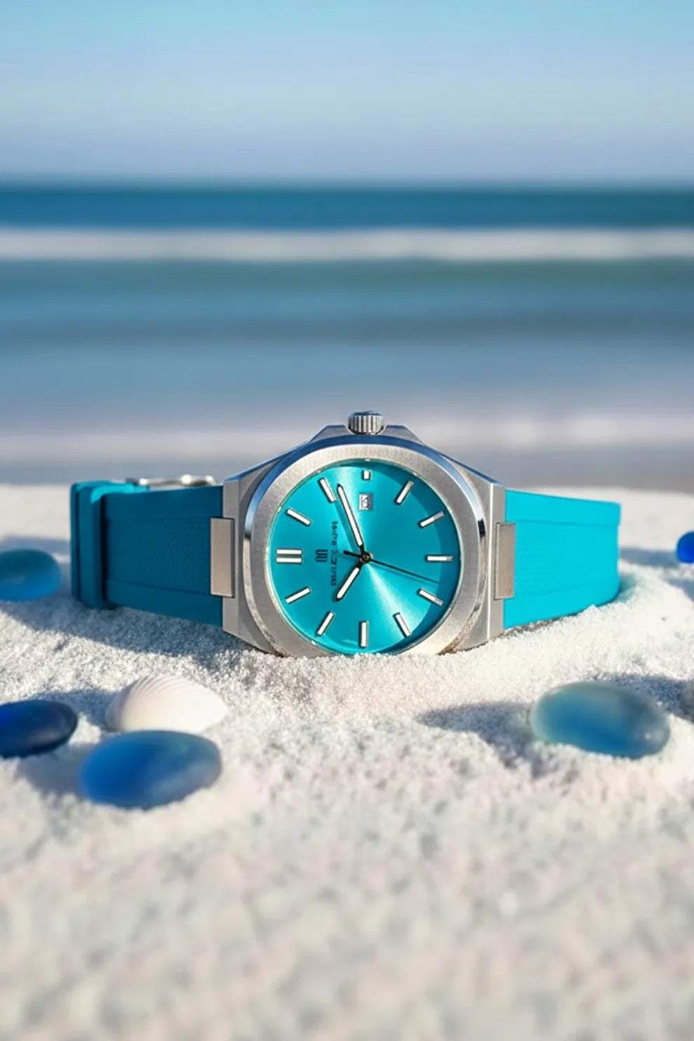 Men’s Silver Case Watch with Turquoise Dial & Blue Silicone Strap