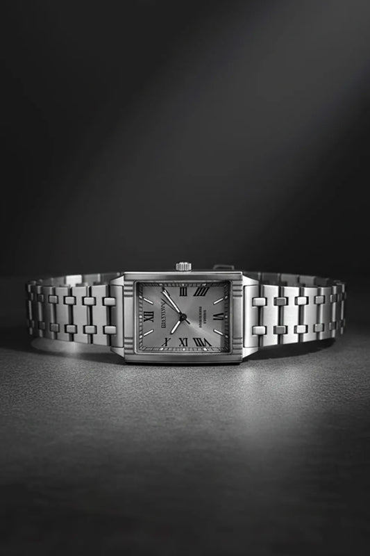 Men’s Square Dial Stainless Steel Watch – Silver Dial Roman Numerals