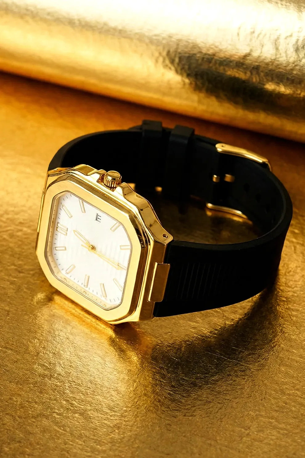 Men’s Luxury Gold-Tone Square Dial Watch with White Face & Black Rubber Strap