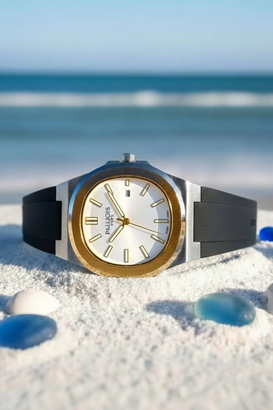 Men’s Silver Case Watch with White Dial, Gold Bezel & Black Silicone Strap