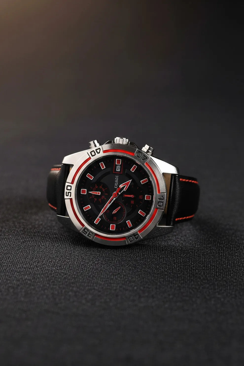 Men’s Chronograph Watch with Black Dial, Red Accents & Black Leather Strap