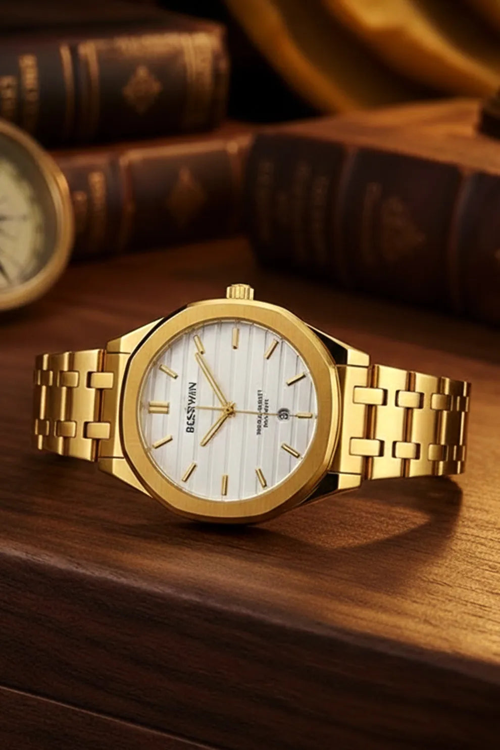 Men’s Gold Stainless Steel Analog Watch – White Dial Classic Style