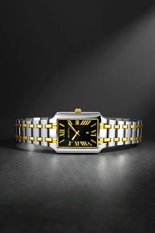 Men’s Square Dial Stainless Steel Watch – Black Roman Numerals Two-Tone