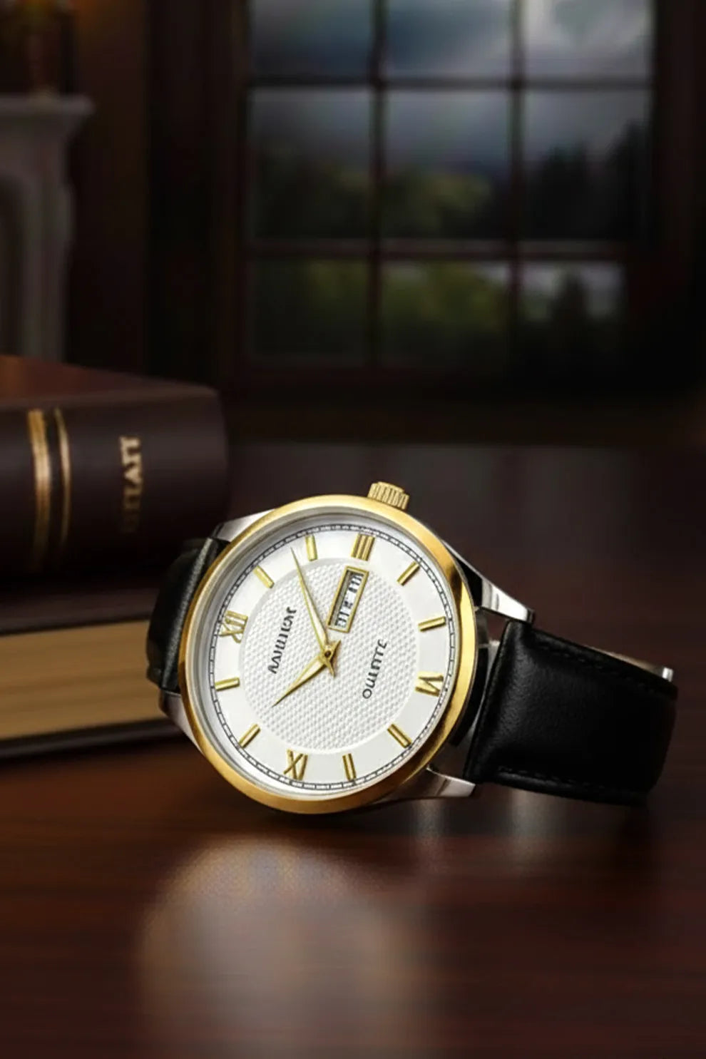 Men’s Classic Watch with White Dial, Gold Bezel & Black Leather Strap