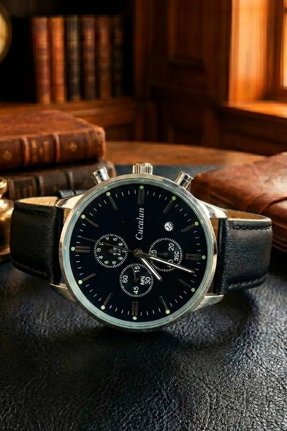 Men’s Classic Chronograph Watch with Black Dial & Black Leather Strap