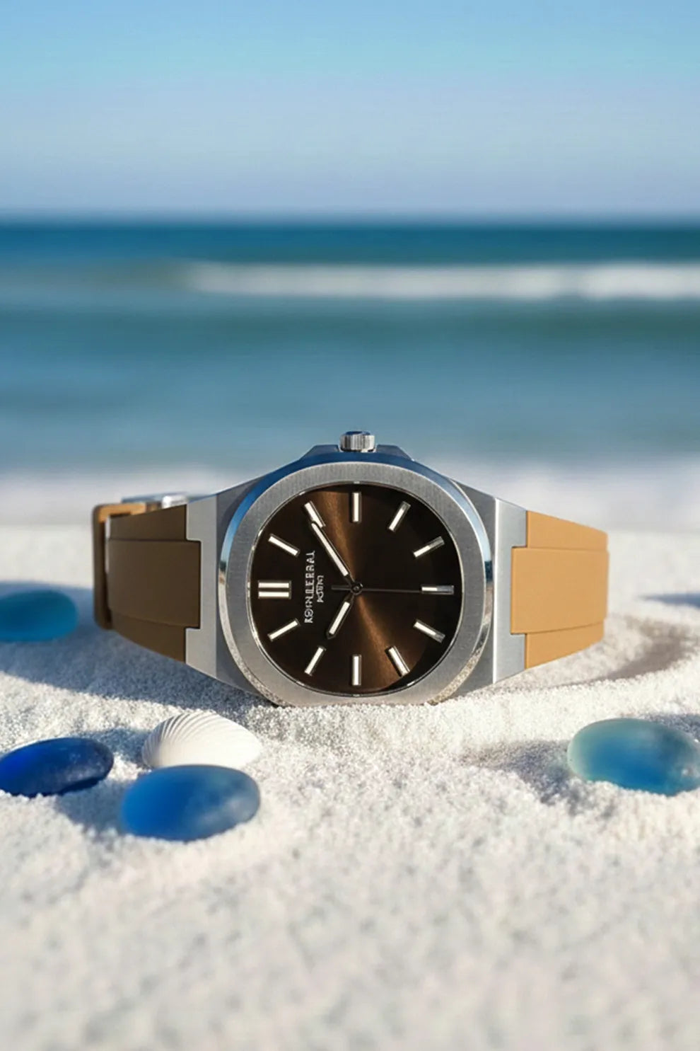 Men’s Silver Case Watch with Brown Dial & Tan Silicone Strap