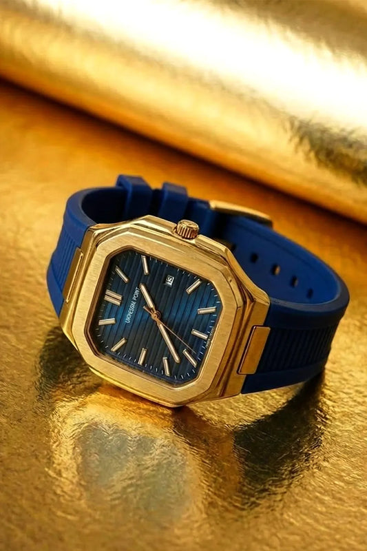 Men’s Luxury Gold-Tone Square Dial Watch with Royal Blue Face & Blue Rubber Strap