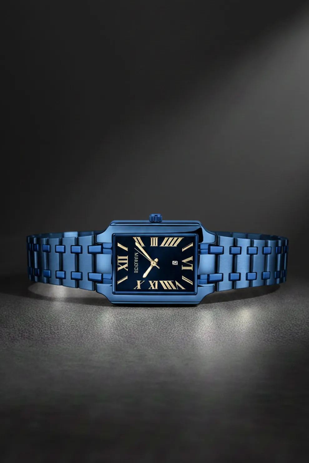Men’s Square Dial Stainless Steel Watch – Blue Dial Roman Numerals