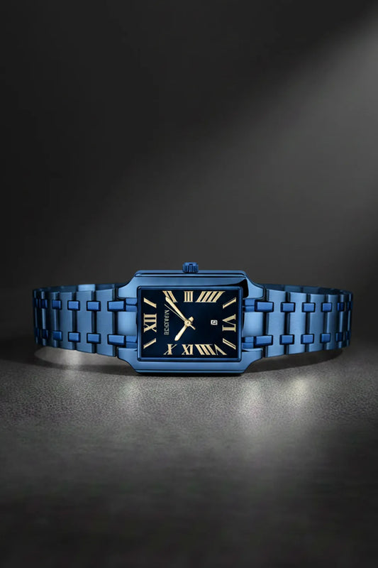 Men’s Square Dial Stainless Steel Watch – Blue Dial Roman Numerals