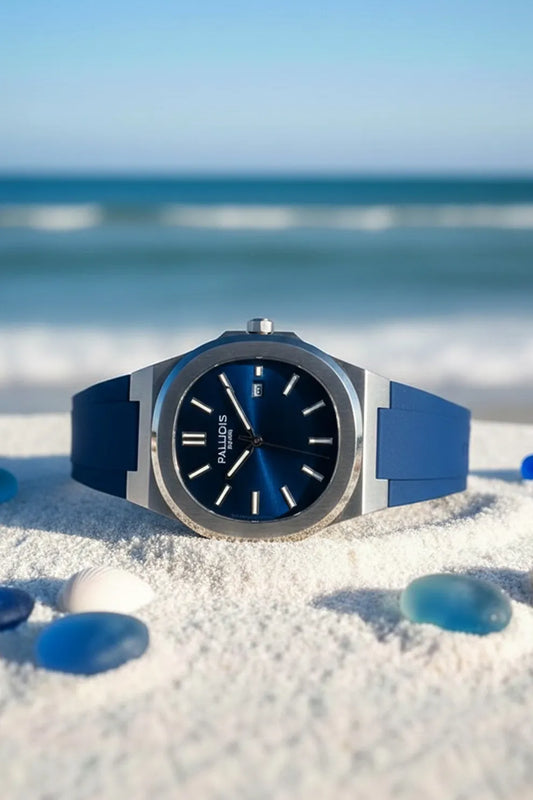 Men’s Silver Case Watch with Deep Blue Dial & Blue Silicone Strap