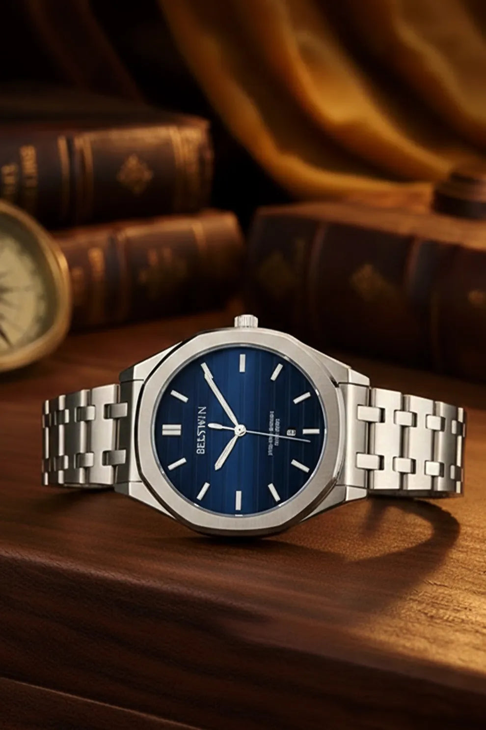 Men’s Silver Stainless Steel Analog Watch – Blue Dial Classic Design