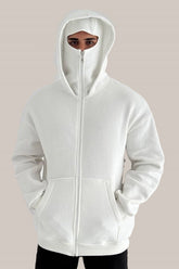 White Tech Fleece Hoodie with Built-In Mask