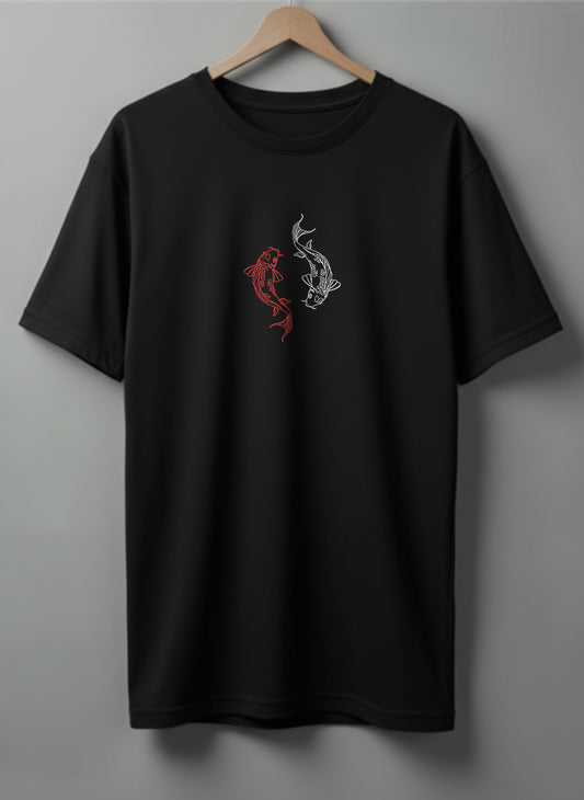 Yin Yang Koi Oversized T-Shirt – White, Black, Olive Green & Blue