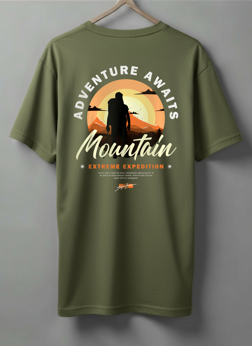 Adventure Awaits Drop Shoulder T-Shirt – Black, Blue, Olive Green & Beige