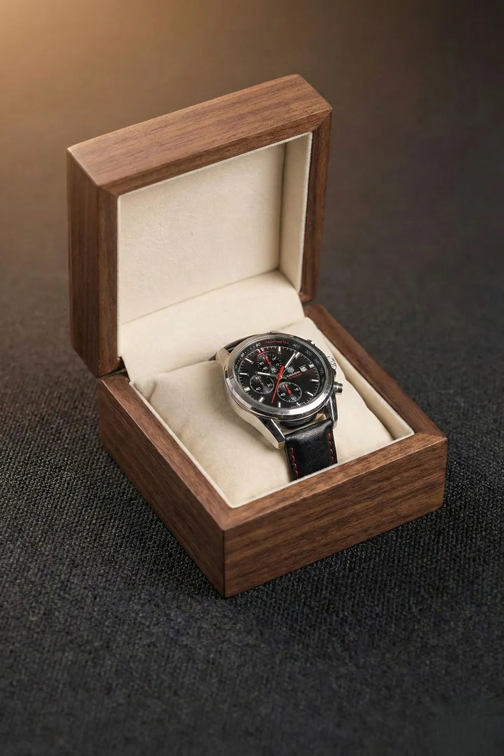 Men’s Chronograph Watch with Black Dial, Red Accents & Black Leather Strap