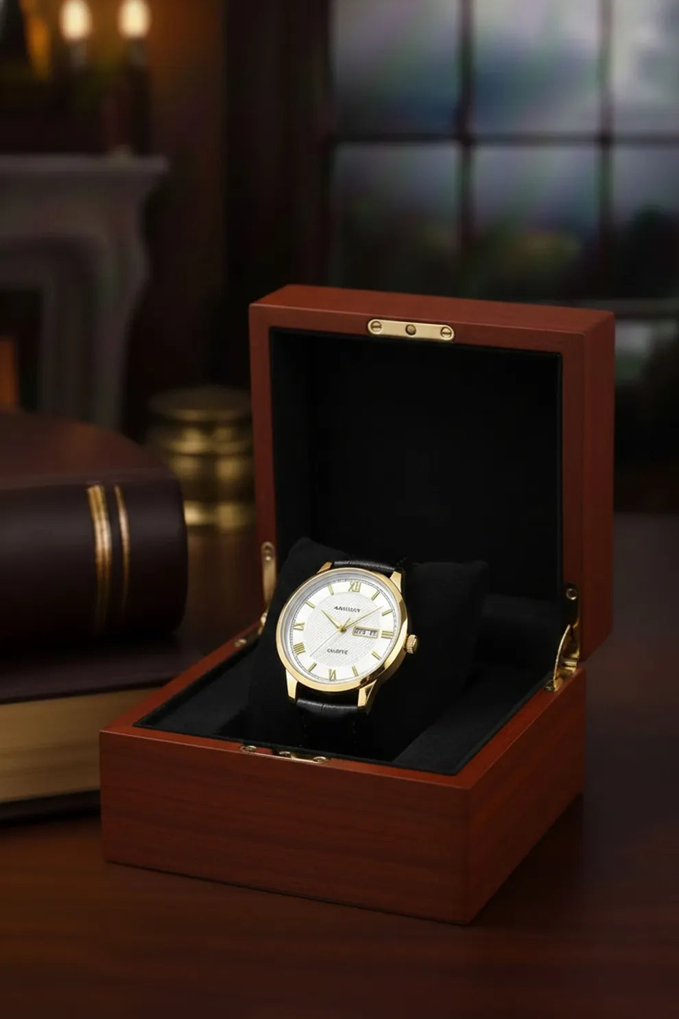 Men’s Classic Watch with White Dial, Gold Bezel & Black Leather Strap