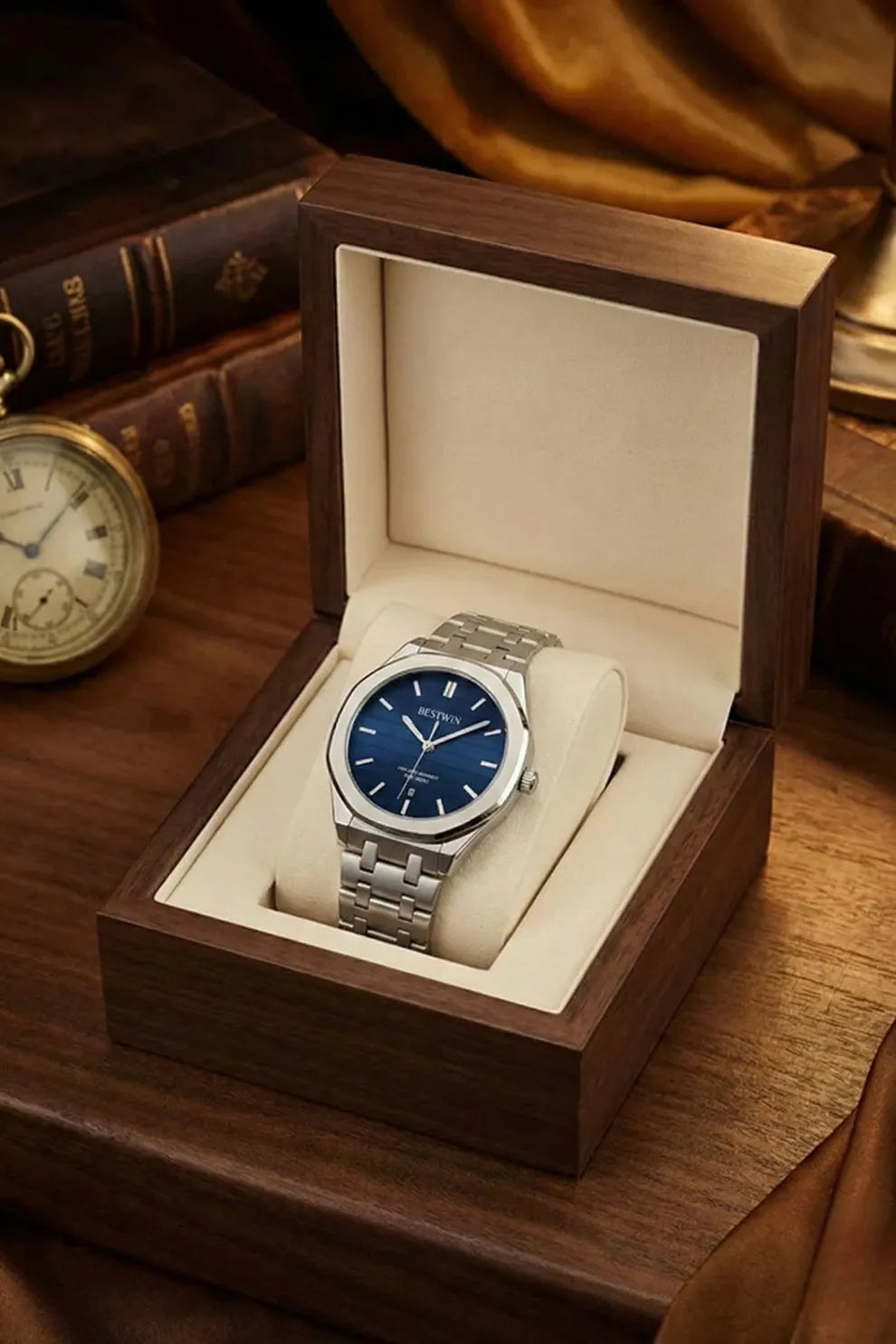 Men’s Silver Stainless Steel Analog Watch – Blue Dial Classic Design