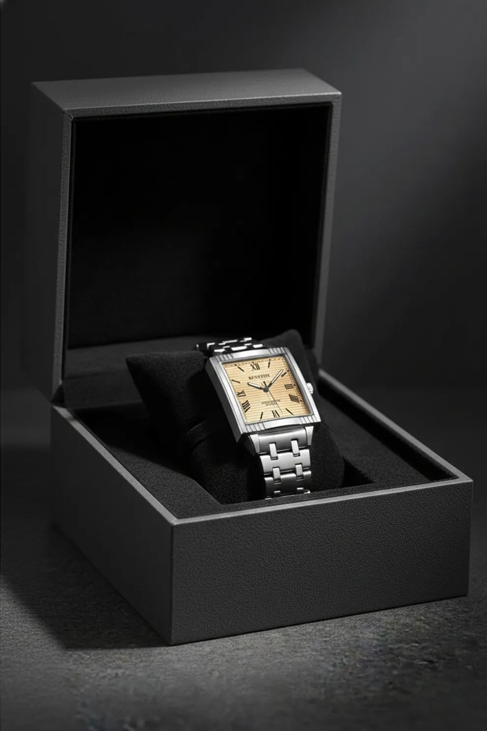 Men’s Square Dial Stainless Steel Watch – Gold Dial Classic Roman Design