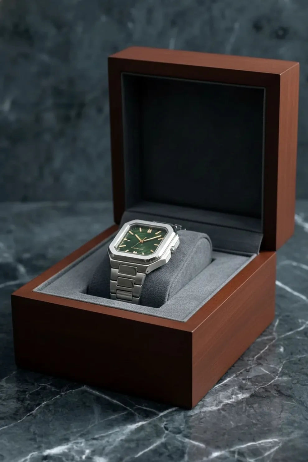 Men’s Square Dial Stainless Steel Watch with Green Dial & Silver Metal Bracelet