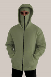 Olive Green Tech Fleece Hoodie with Built-In Mask