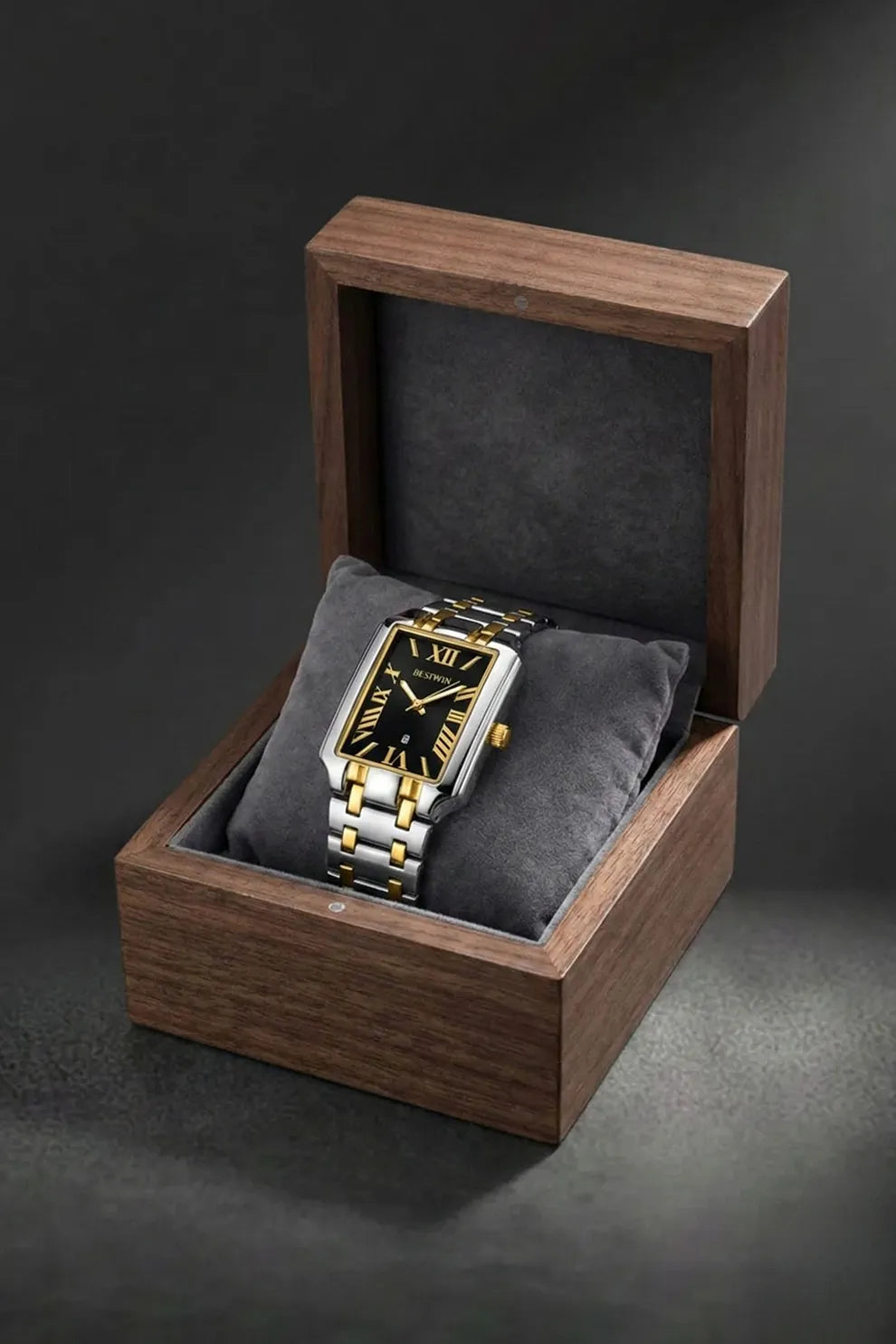 Men’s Square Dial Stainless Steel Watch – Black Dial Roman Numerals