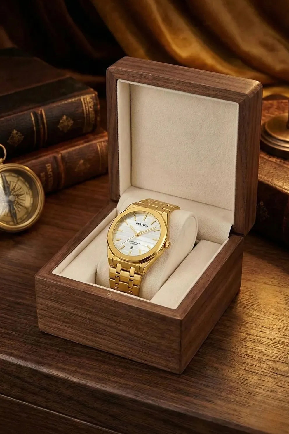 Men’s Gold Stainless Steel Analog Watch – White Dial Classic Style