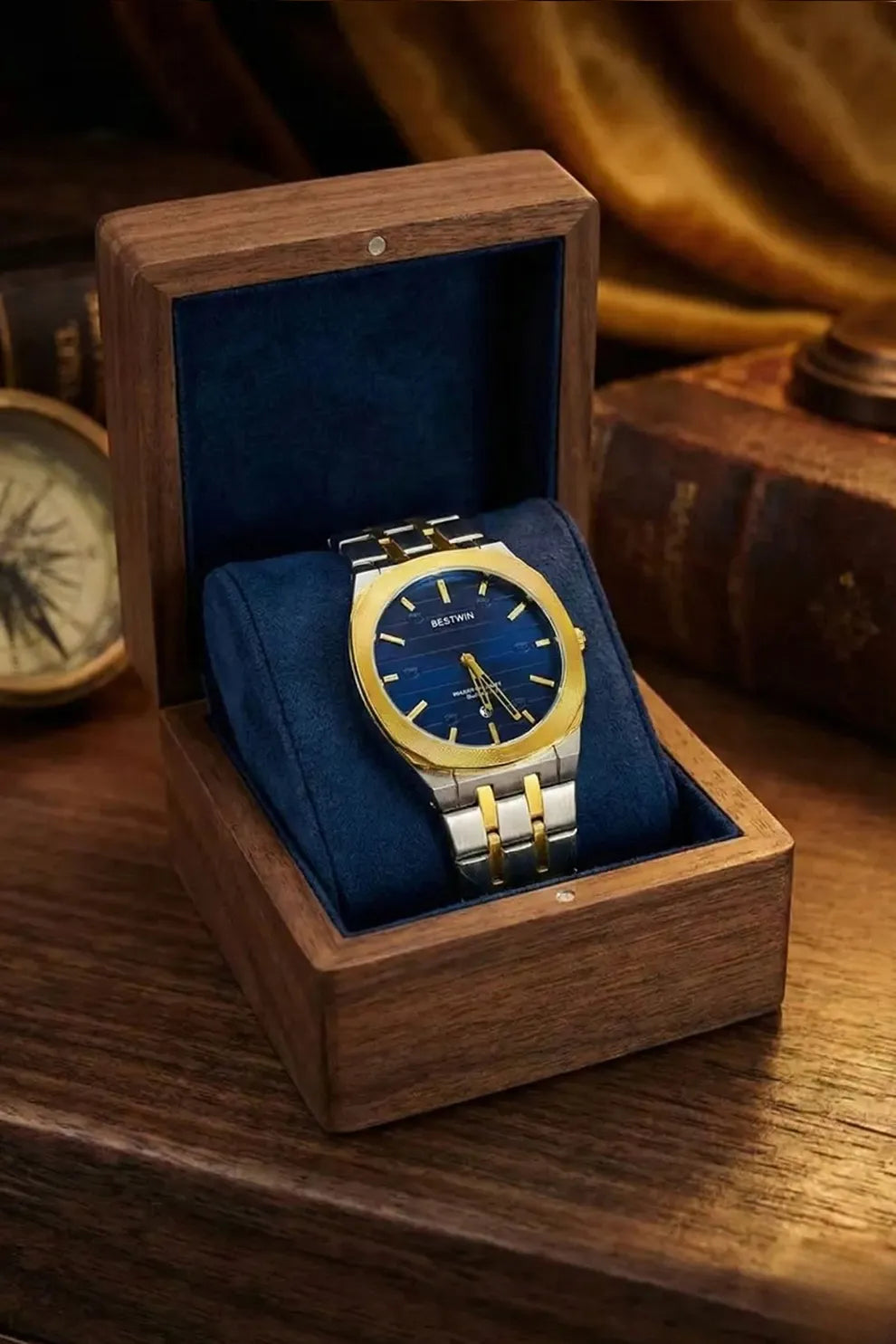Men’s Two-Tone Stainless Steel Analog Watch – Blue Dial & Gold Accents