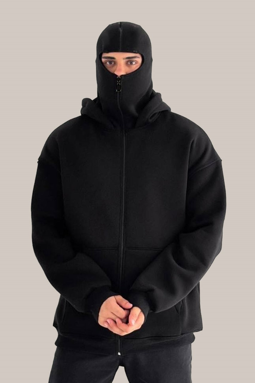 Black Tech Fleece Hoodie with Built-In Mask
