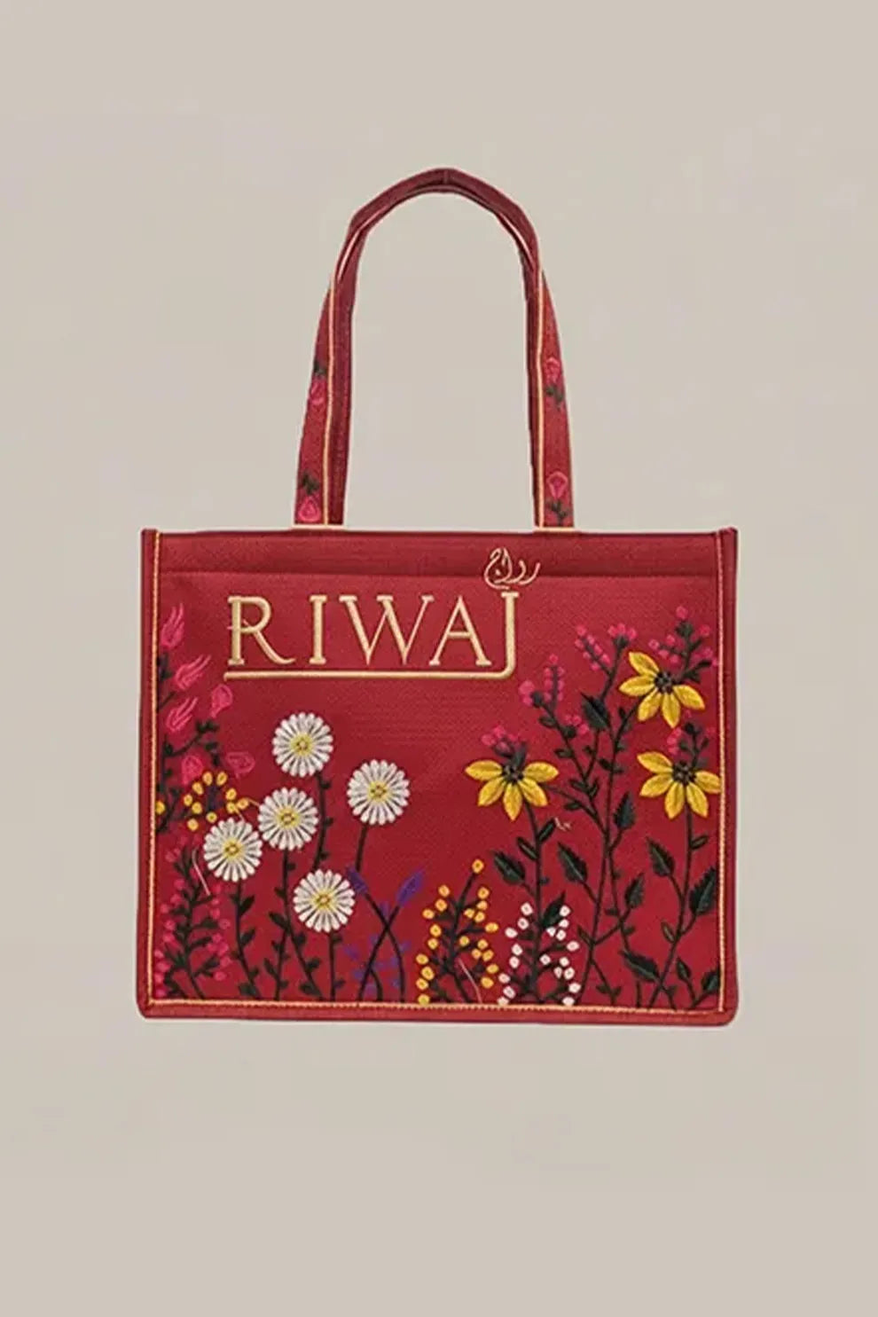 The Heritage Collection: Red "Riwaj" & "Sookhri" Embroidered Jute-Style Tote Bags