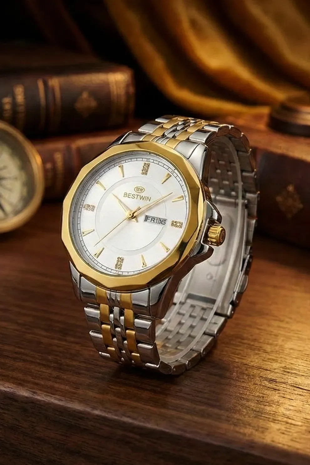 Men’s Two-Tone Stainless Steel Analog Watch – White Dial with Gold Finish