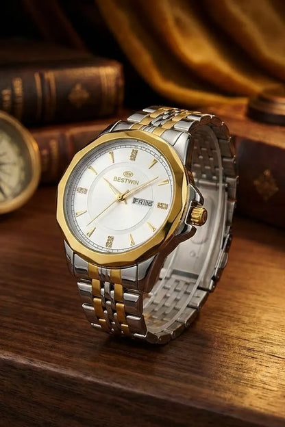 Men’s Two-Tone Stainless Steel Analog Watch – White Dial with Gold Finish
