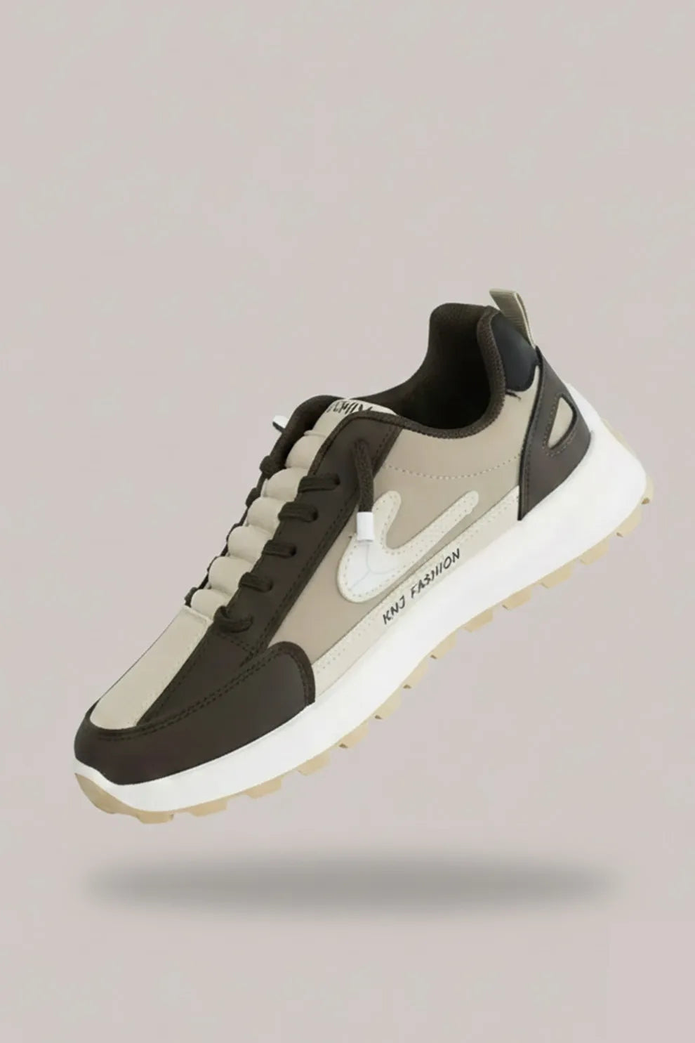 Men's Beige & Black Lace-Up Sneakers – Cushioned Sole Casual Shoes