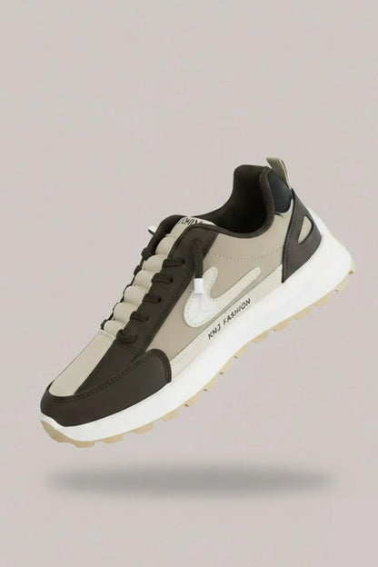 Men's Beige & Black Lace-Up Sneakers – Cushioned Sole Casual Shoes