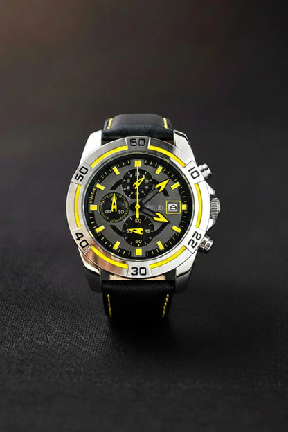 Men’s Chronograph Watch with Black Dial, Yellow Accents & Black Leather Strap