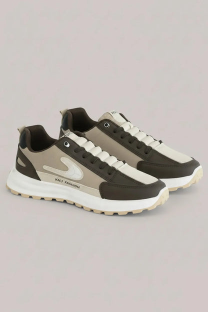 Men's Beige & Black Lace-Up Sneakers – Cushioned Sole Casual Shoes