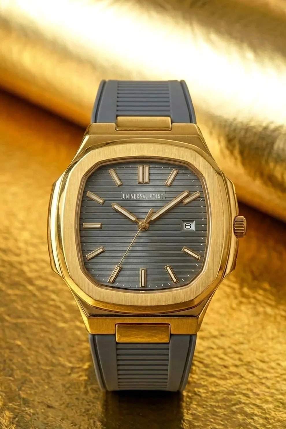 Men’s Luxury Gold-Tone Square Dial Watch with Grey Rubber Strap