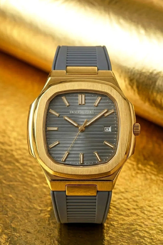 Men’s Luxury Gold-Tone Square Dial Watch with Grey Rubber Strap