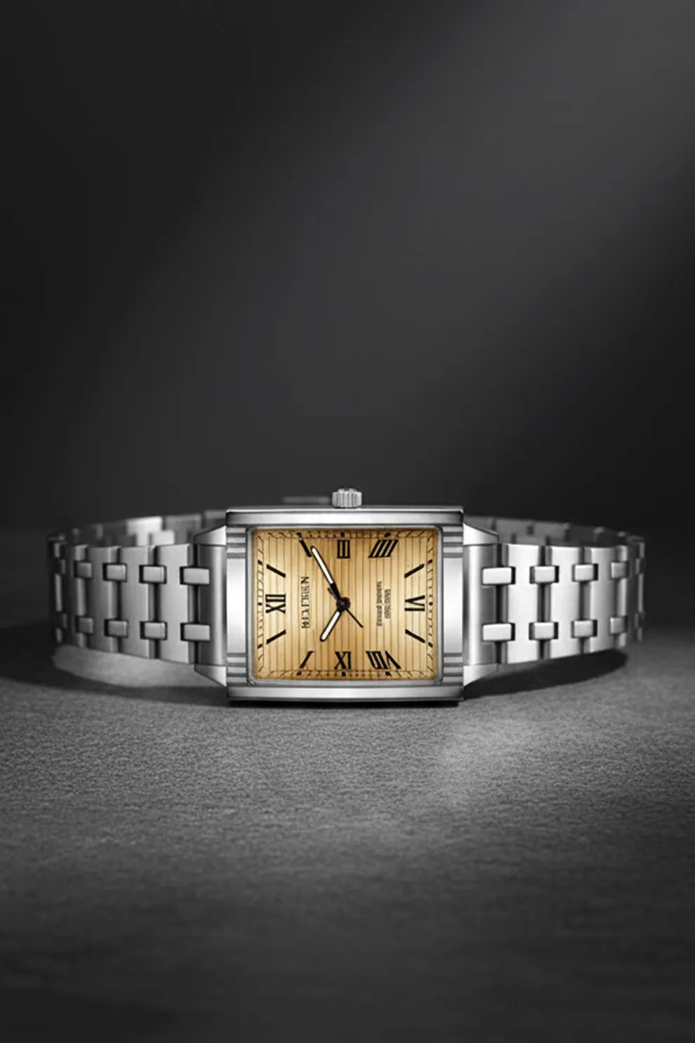 Men’s Square Dial Stainless Steel Watch – Gold Dial Classic Roman Design