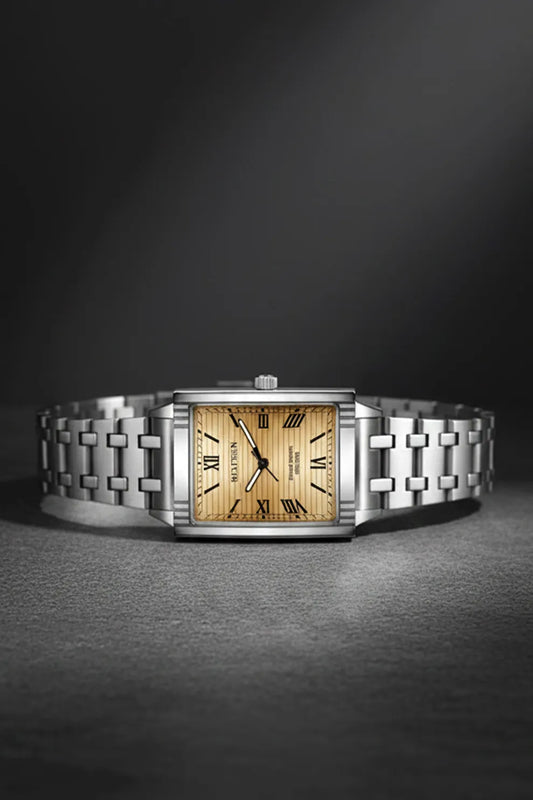 Men’s Square Dial Stainless Steel Watch – Gold Dial Classic Roman Design
