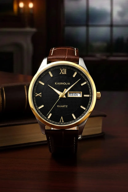 Men’s Classic Watch with Black Dial, Gold Bezel & Brown Leather Strap